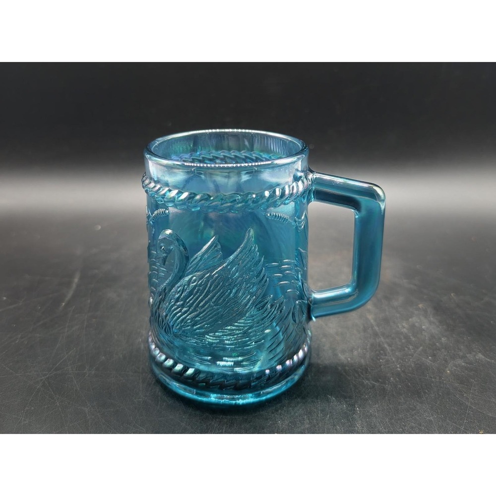 Vintage Fenton for Singleton Bailey Teal Swan Carnival Glass Mug 4"